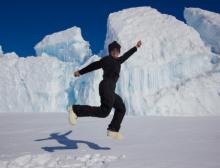Alex Eilers jumps for joy at the Turtle Rock pressure ridges. Turtle Rock, Antarctica.