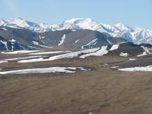 A view of the Brooks Range from a helicopter in the Kuparuk River Valley near Toolik Field Station, Alaska. View of the Brooks Range