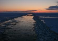 Sunset on the Bering Sea, from the USCGC Healy icebreaker. Sunset on the Bering Sea, from the USCGC Healy icebreaker.