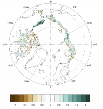 Figure 1: Time integrated Normalized Difference Vegetation Index (NDVI) magnitude trends (unitless) for the period 1982–2021 shows a mix of positive and negative values across the circumpolar Arctic tundra. Figure courtesy of Uma Bhatt, University of Alaska Fairbanks.