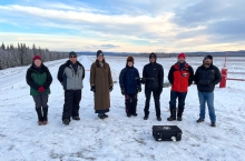 Figure 1. The project team during a hands-on training event in Fairbanks, Alaska. Pictured from left to right: Margy Hall, Co-Investigator; John Henry, Jr., Co-Investigator; Jessica Garron, Principal Investigator;  Katie Daniels, Native Village of Unalakleet Uncrewed Aircraft Systems (NVU UAS), Harry Ivanoff (NVU UAS), Mike DeLue (UAF UAS), Sam Jeffries (UAF UAS). Photo courtesy of J. Garron.