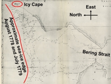 Figure 1.  Detail from Henry Roberts' Chart of the NW Coast of America and the NE Coast of Asia (Skelton, 1955, plate LIII).  The annotation in thick black and red was added by Stern.