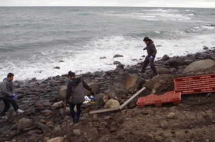 Students braving the wind and cold during beach cleanup activities.