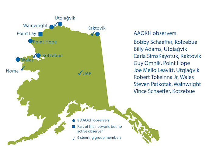 Figure 1. Map of current AAOKH communities, local observers, and Science Steering Group members. Figure by Heather McFarland, courtesy of AAOKH.