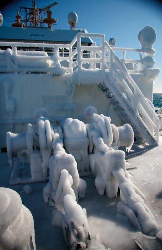 Figure 1. Collisions of vessels with waves produces spray that freezes on topsides of vessels, which reduces stability and complicates vessel operation. Larger waves in the Arctic Ocean, due to reduced sea ice, increases the risk of vessel icing. Photo courtesy of Mariners Weather Log Vol. 59, No. 3, December 2015.