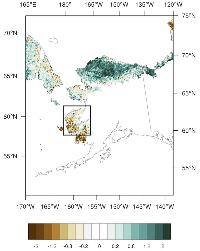 Figure 3: Time-integrated Normalized Difference Vegetation Index (NDVI) magnitude trends (unitless) for the period 2010–2021 shows strong positive values on the Yukon-Kuskokwim Delta. Figure courtesy of Uma Bhatt, University of Alaska Fairbanks.