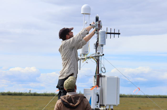 Figure 2. In early August 2022, Woodwell&#39;s Dr. Kyle Arndt and Patrick Murphy installed a new eddy covariance flux tower in Churchill, Manitoba, Canada—the inaugural tower of Permafrost Pathways. The project aims to coordinate a pan-Arctic carbon monitoring network to fill data gaps that have hindered integration of permafrost thaw emissions and impacts into climate targets and adaptation governance. Photo courtesy of Jessica Howard, Woodwell Climate Research Center.