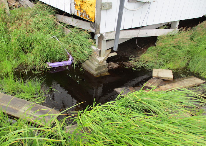 Figure 4. An elevated building atop thawing permafrost in Kuigilnguq (Kwigillingok), Alaska. Photo courtesy of Gary Evon, Permafrost Pathways Tribal Liaison.