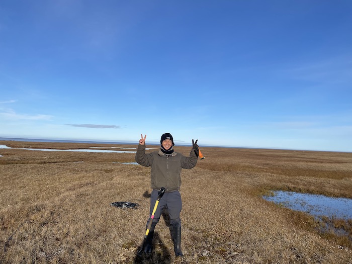 Ming Xiao in Utqiagvik, Alaska in September 2021 after fiber optic cable installation in the tundra.