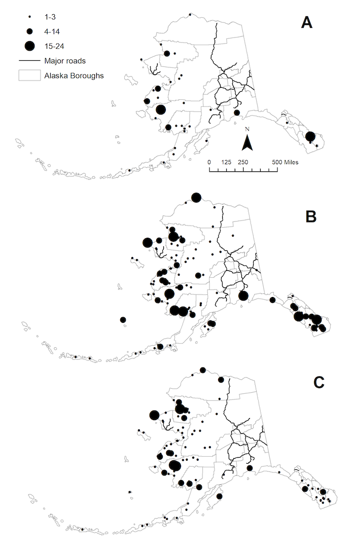 Figure 3. Map of the number of survey respondents by ZIP code. (A) Wave 1 (November–December 2020); (B) Wave 2 (March 2021); and (C) Wave 3 (September 2021). Figure courtesy of Hahn et al. 2022.