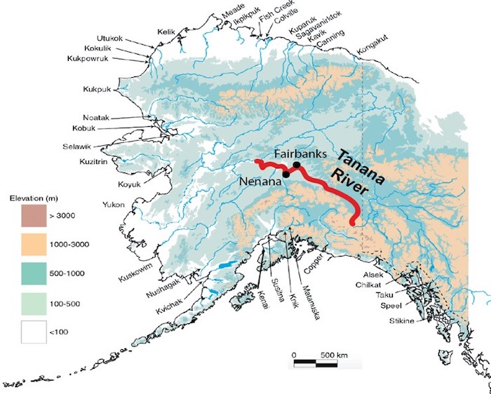Figure 2. Map of Alaska with SILT study area and with the Tanana River outlined in red. Image courtesy of Chris Arp.