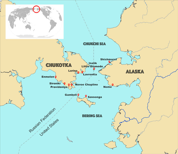 Figure 1. Map of the Bering Strait communities which, together with the nearby seasonal hunting, fishing, and reindeer herder camps, have been the sites of the authors&#39; ethnographic research. The Indigenous men from the Chukotkan communities, who over the past year perished in the war in Ukraine, have relations in communities on both sides of the Bering Strait. Image courtesy of Igor Pasternak.