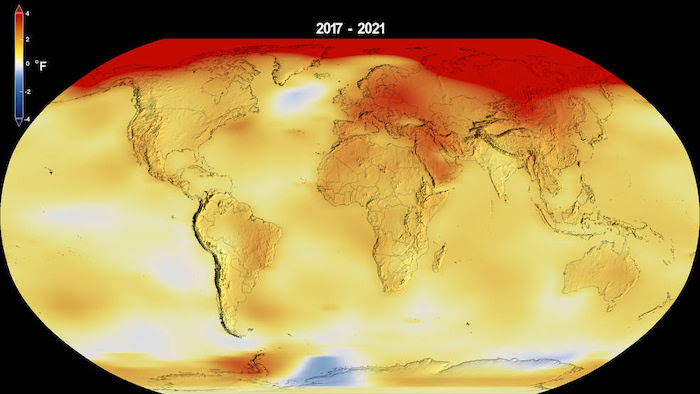 Figure 1. Global five-year average temperature anomalies from 2017–2021 from the NASA GISS analysis. The rate of warming in the Arctic is significantly faster than the rest of the planet. Image courtesy of the National Aeronautics and Space Administration (NASA).