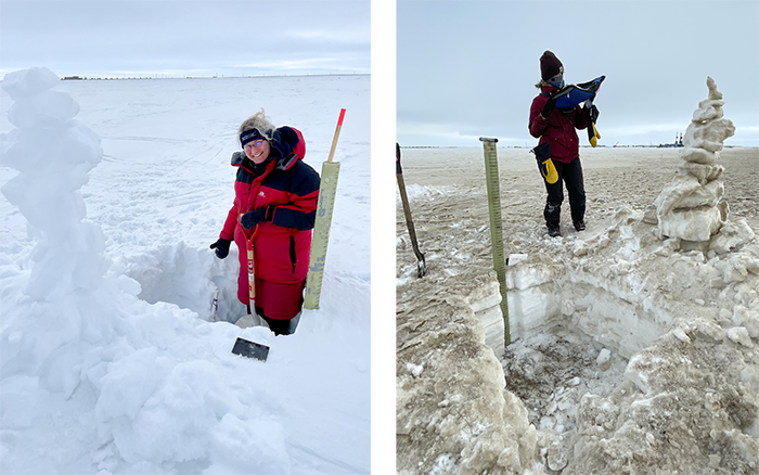 Figure 6. Snow character at a relatively snow-free site at NIRPO and the Colleen site with heavy road dust. Left: Anja Kade and snow pit at the relatively dust-free NIRPO site in a thermokarst pond with deep snow (Note the top of the 120 cm snow stake, which is anchored in the bottom of the pond, so at least half of the stake is below the water level in the pond). Right: Olivia Hobgood and snow pit at a dusty polygon-center plot along the Spine Road at the Colleen site. Note the ESC 30 snow sampling tube in