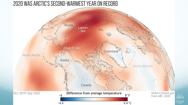 Figure 1. Temperature departures from normal for the 12 months ending September 2020. Graphic created by climate.gov for ARC2020.