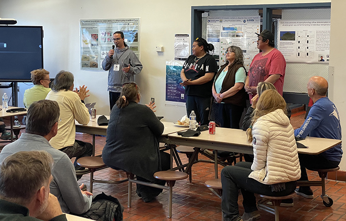 Figure 3. Nagruk Harcharek, Voice of the Arctic Iñupiat, and Utqiaġvik community members make a presentation during the Enhancing Arctic Science and Engineering (EASE) workshop. Photo courtesy of Benjamin M. Jones.