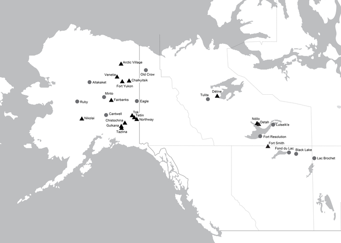 Figure 2. The author&#39;s research sites (2009—2019). Black triangles show the physical field sites visited by the author, whereas shaded circles show the home communities of traditional knowledge bearers who worked with the author at another location. Courtesy of Cannon. 