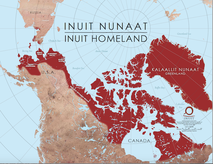 Figure 2. Map of Inuit homelands. The Inuit Circumpolar Council Alaska is part of the international non-governmental organization, Inuit Circumpolar Council (ICC). ICC represents approximately 180,000 Inuit from across Alaska, Canada, Greenland, and Chukotka (Russia).  The organization holds Economic and Social Council NGO Consultative Status II at the United Nations and is a Permanent Participant at the Arctic Council. Image courtesy of the Inuit Circumpolar Council Alaska. 