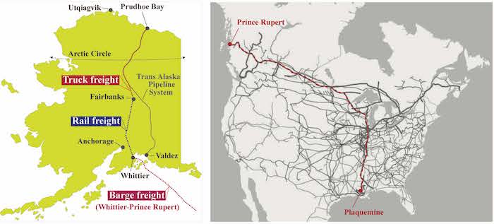 Figure 2. Transportation logistics for polyacrylamide delivery to the Alaskan Arctic from centralized industrial centers on the US Gulf Coast, transportation emissions are estimated to be 447 lbs. CO2/ton delivered. Figure courtesy of Nathan Prisco.