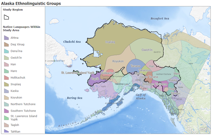 Figure 1. While exact boundaries for language groups do not exist, this map depicts dominant traditional languages across different regions of the Arctic. Information provided by the Alaska Native Language Preservation &amp; Advisory Council. The study area for the Arctic Rivers Project is outlined in black. Figure courtesy of the US Geological Survey.