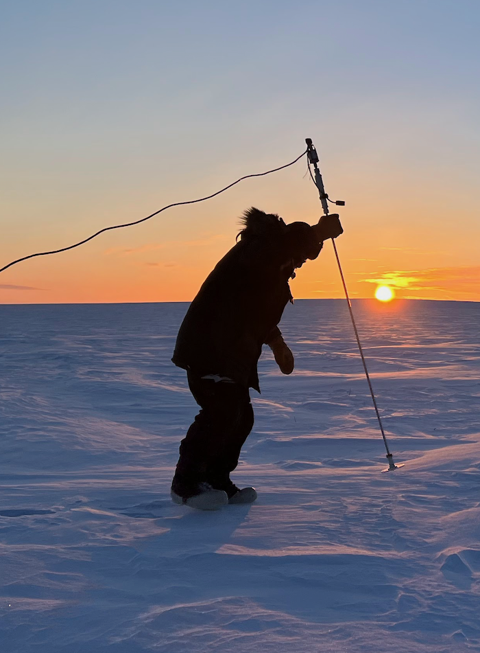 Figure 3. Matthew Sturm, probes snow depth on a recent over-snow traverse using a GPS-enabled automatic depth probe that also played a key role in the SALVO campaign. Photo courtesy of Charlie Parr.