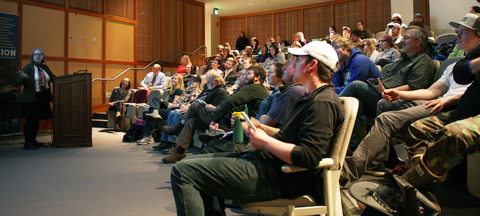 Southeast Test Case workshop: Tour guides listen to a presentation at a Southeast Test Case research symposium, held in May 2016 in Juneau. Photo courtesy of Tom Moran/Alaska NSF EPSCoR.