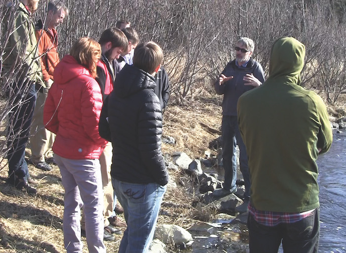 Robert Ruffner of the Kenai Watershed Forum speaks at an outing to Beaver Creek on the Kenai Peninsula during a Southcentral Test Case annual meeting in May 2013. The Forum was a key Alaska ACE project partner. Photo courtesy of Tom Moran/Alaska NSF EPSCoR.